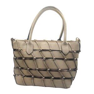 Woven Beige Leather Hand Bag Purse Dual Handles Lined W/Cotton-No Shoulder Strap